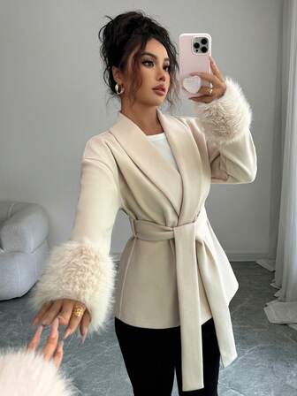 Abrigo tejido de manga larga con cuello y adorno de piel sintética con lazo delantero, elegante para mujer