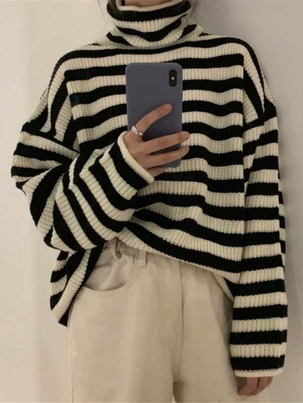 EAVA Women's Relaxed Style, Streetwear For Women, Niche Fashion High-Neck Striped Oversized Knit Pullover Sweater
