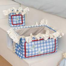 1pc Large Plaid Lace Laundry Basket, High-Quality Multi-Purpose Snack Storage Box, Contrast Color Cream Ruffle Edge Storage Basket, Rectangular Handmade INS Style Stitched Fabric Desktop Organizer Box