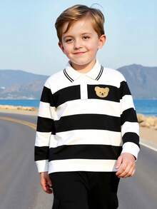 2 pezzi Set di polo a righe con stampa orsetto e pantaloni cargo per bimbi, outfit casual da esterno con tasche grandi, comodo e alla moda per primavera/autunno - nero - Visualizzare 5