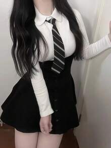 1pc Sweet Academic Style High Waist Single-Breasted Suspender Skirt + Short Sleeve Top Set, Cosplay Outfit, Couple Interaction, Photo Studio Shooting, Suitable For All Holidays, Valentine's Day Gift, Everyday & Holiday Wear Halloween