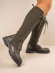 Knee High Lace Up Winter Boots with Chunky Outsole and Flexible Knit Upper - 綠色 - 查看 3