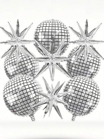 9 piezas de globos de bola de discoteca de 22 pulgadas plateados, globos de papel de aluminio metálicos grandes 4D con estrellas doradas, adecuados para fiestas con tema de discoteca de los años 70 y 80, cumpleaños, bodas, decoración de aniversario, decoración de Año Nuevo