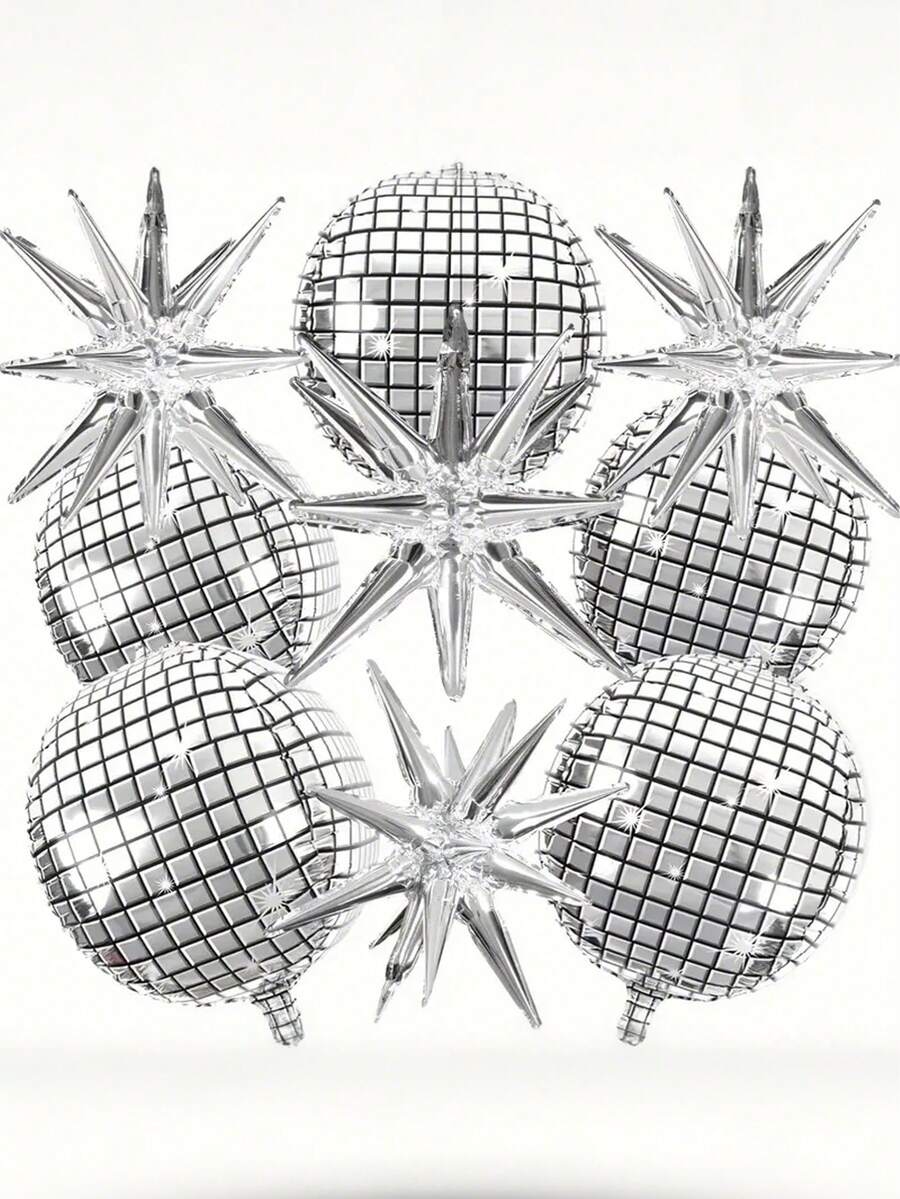 9 Stücke 22-Zoll Silber Discokugel Ballons, 4D große metallische Folienballons mit Goldsterne, geeignet für 70er 80er Disco Themenpartys, Geburtstage, Hochzeiten, Jahrestags-Dekoration, Silvester-Dekoration - Verschiedenfarbig - Übersicht 1