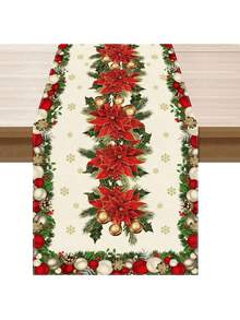 1 pieza/Set de 5 piezas Camino de mesa de Navidad con flor de Pascua, estilo moderno rústico, decoración perfecta para fiestas navideñas, decoración del hogar y cocina, para interiores y exteriores