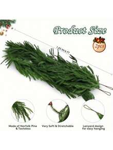 1pc Artificial Norfolk Pine Vine Garland - Realistic Texture Faux Greenery With Flexible Rubber Material For DIY Christmas Wreaths, Wall Decor, Staircase Railing - UV Resistant All Weather Indoor Outdoor Decor For Fireplace Mantel, Front Door, Restaurant Home Decor Christmas Decorations Room Decor