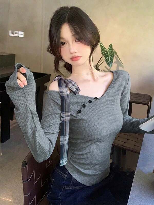 Asymmetrical Bowknot Open Shoulder Knit Sweater, Slim Fit Long Sleeve Top For Women
