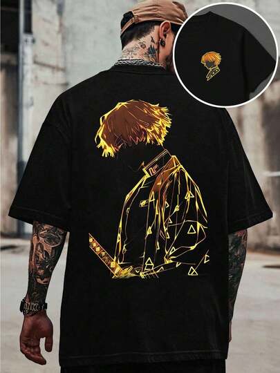 Anime Zenitsu Graphic Tee , Men's Double-Sided Printed Fashionable Casual Crew Neck 220gsm Pure Cotton T-Shirt(1 PC)