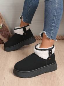 1 Pair Plus Size 36-42 Solid Color Textured Pattern Punk Boho Cute Faux Fur Lining Fluffy Fur Trim Faux Fur Patchwork Thick Sole Snow Boots, Suitable For Home, Vacation, Outdoor In Winter