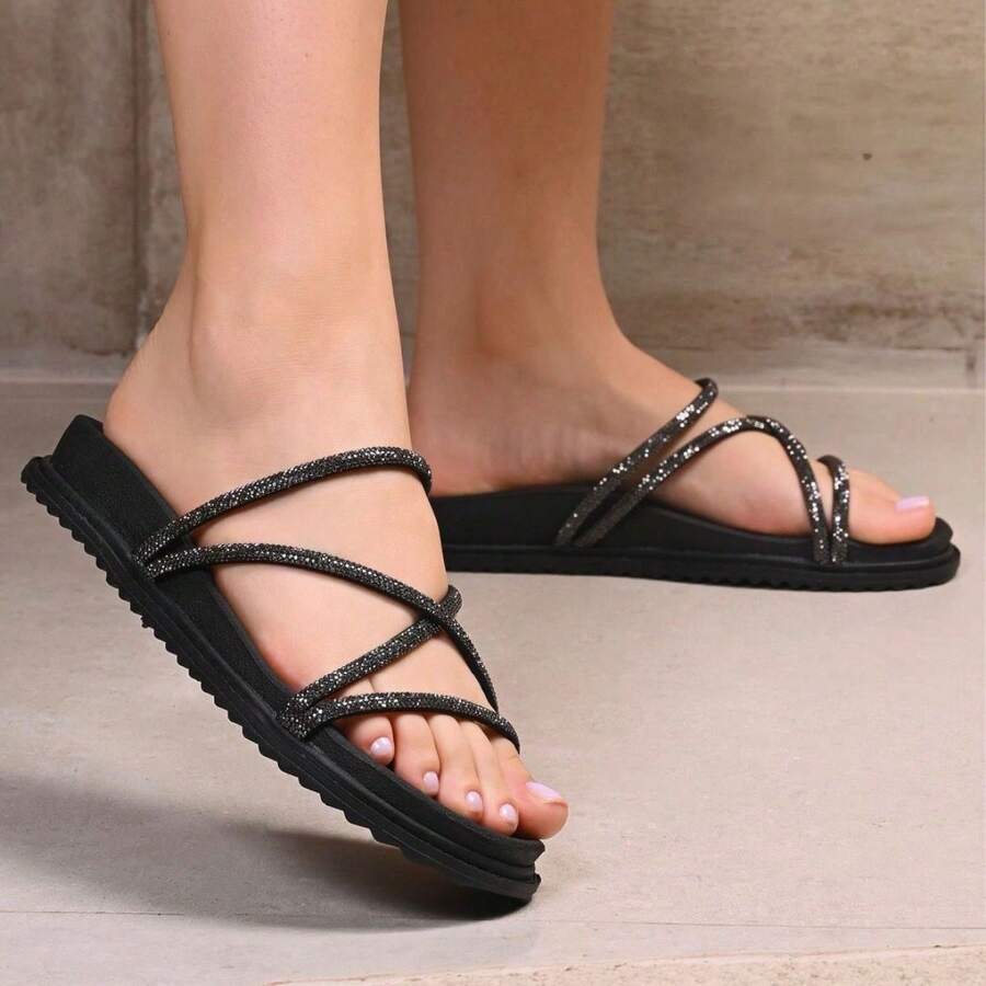 Women's Flat Sandal Comfortable, Lightweight And Modern Everyday With Shiny Straps - màu đen - Xem 1