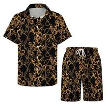 Mens Hawaiian Shirts And Shorts Set 2 Pieces Tropical Outfit Flower Print Button Down Beach Suit With Bucket Hats Mens Shirts Graphic - Hoa văn trang trí màu đen và vàng - Xem 2