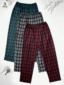 3pcs/Set Men's Plaid Print Straight Leg Casual Pants, Breathable Loose Fit Elastic Waist Pocket Pajama Pants, Multi-Color Autumn/Winter Set - Multicolor - View 3