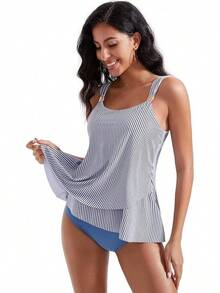 High Waisted Ruffle Tankini Swimsuit Plus Size Tummy Control - 藍色條紋 - 查看 10