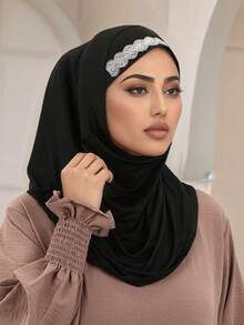 قطعة واحدة غطاء رأس نسائي أحادي اللون، وشاح رأس قابل للطي مريح من البوليستر، وشاح رأس عملي، توبون، خمار طويل فوري، مناسب للارتداء اليومي في جميع الفصول - وشاح رأس مطوي مرصع بأحجار الراين المتلألئة - مشاهدة 10