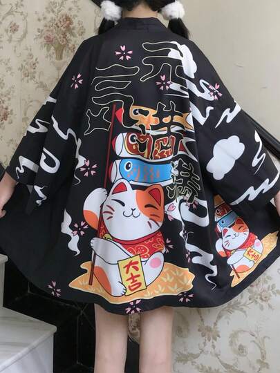 Chinese Style Retro New Chinese Maneki-Neko Print Improved Kimono Cardigan, Summer Yukata Haori Robe Beachwear Coverup