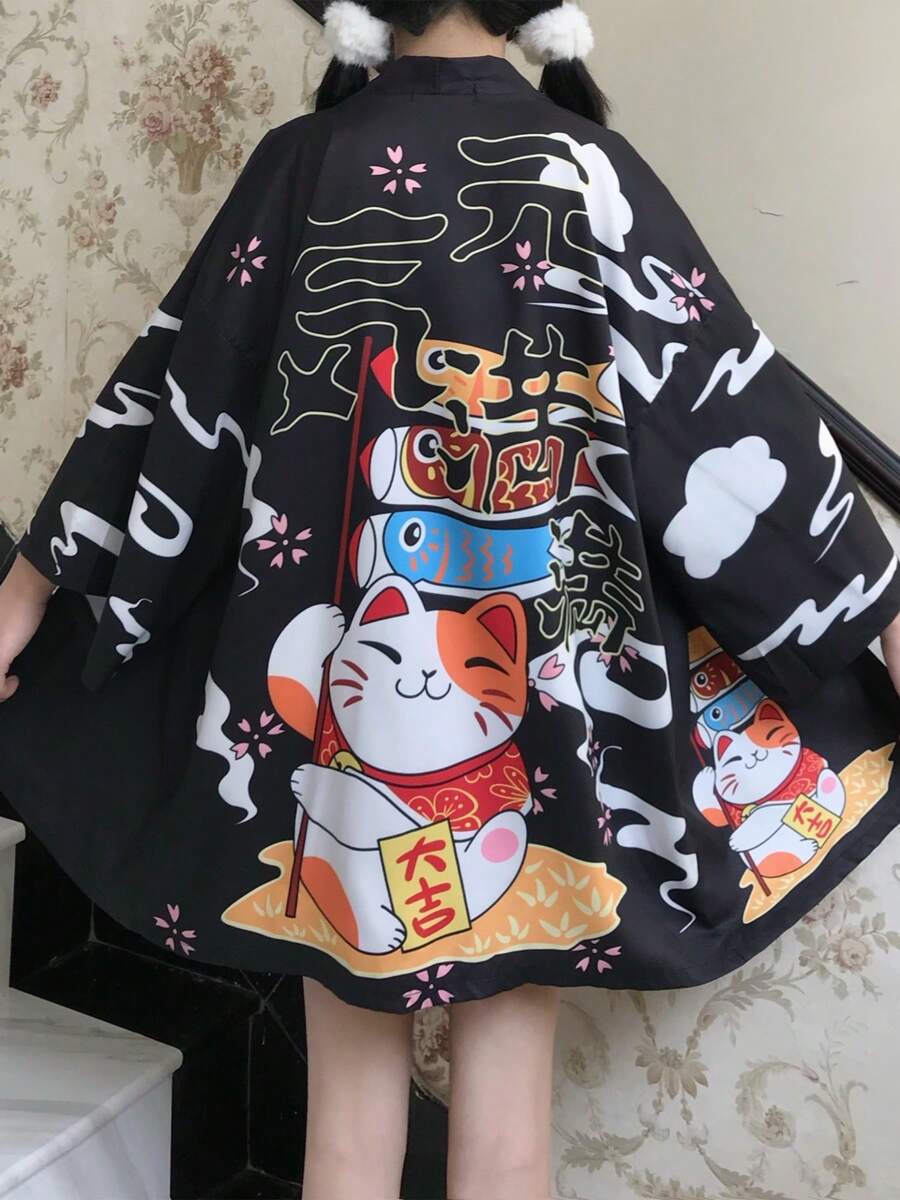 中国风复古新款招财猫印花改良和服开衫，夏季浴衣羽织浴袍沙滩罩衫 - 黑色 - 查看 1