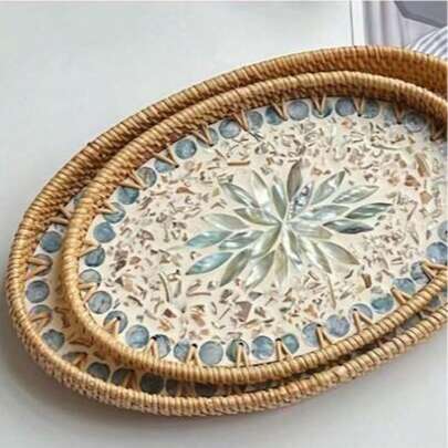 1件波西米亚风藤编贝壳水果托盘 - 装饰首饰及茶叶收纳盒 厨房用品 厨房配件 厨房工具