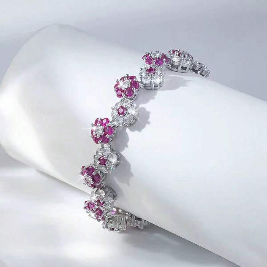 Vòng tay nữ bằng bạc 925 đính đá Zirconia hồng thanh lịch, thích hợp cho đám cưới, tiệc tùng, ngày lễ, đeo hàng ngày, quà tặng cho gia đình, bạn bè, Giáng sinh, Halloween, ngày lễ tình nhân, sinh nhật - Hộp quà tặng - Màu Hồng Tươi - Xem 1