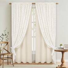 Linen Curtains For Bedroom, Double Layered Boho Curtain For Living Room Farmhouse Curtain 84 Inch Length 2 Panels Set, Rustic Curtains & Drapes Rod Pocket With Tiebacks, 52 X 84 Inch, Beige - Beige52Wx84LPackof2 - View 1