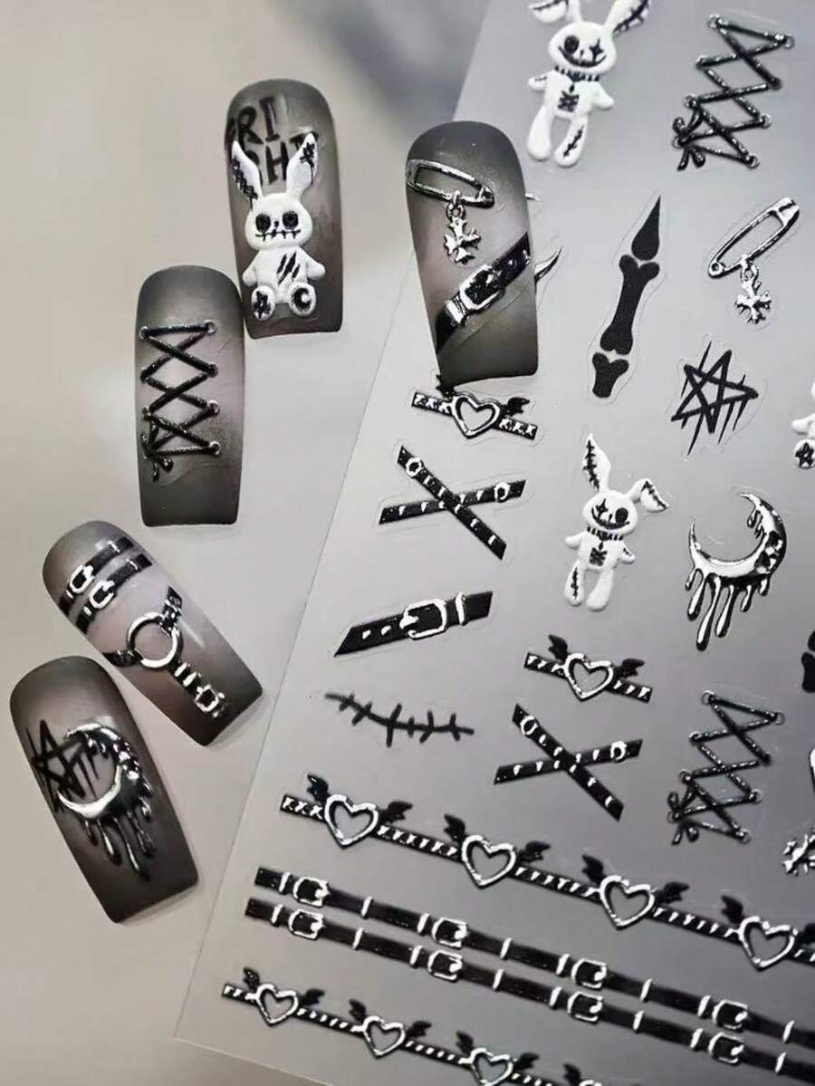 1pc 3D Gothic Punk Nail Sticker, Self-Adhesive, Embossed Rabbit & Strap Details, Create Avant-Garde Nails, Suitable For Women & Girls DIY Decoration, Ideal For Gothic Fashion & Home Manicure DIY Nail Stickers
