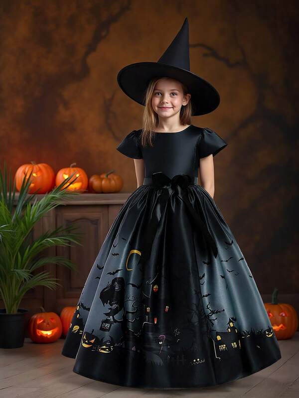 Vestido de princesa elegante para meninas adolescentes, manga curta, estampado com borboletas, cetim, festa, padrão de tecido cortado aleatoriamente, direção não fixa