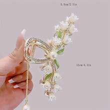 1 Piece Elegant Lily Of The Valley Artificial Pearl Tassel Hair Clip With Rhinestones - Gold Alloy, Non-Slip Grip, Suitable For Fashionable Ponytails And Updos - Chic Women's Accessories, Floral Hair Ornament - 鑽石鈴蘭 - 查看 6