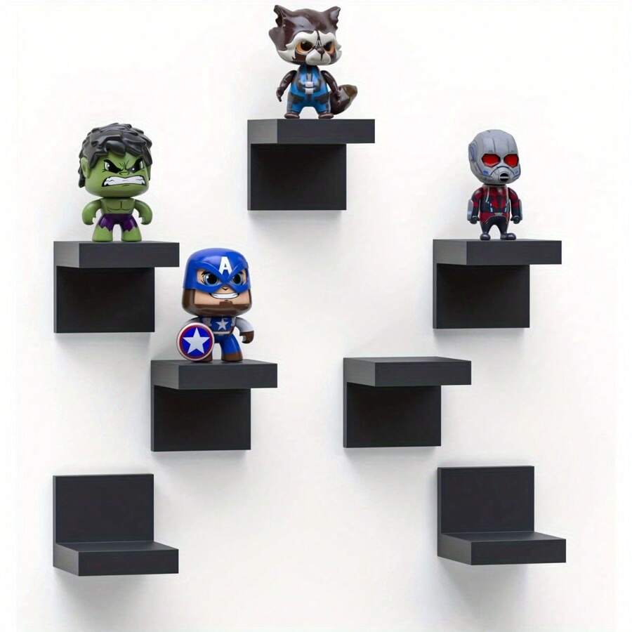 7-Piece Wall-Mounted Floating Rack - 4-Inch Plastic Black Shelf With 2 Mounting Options (Adhesive Or Screws) For Easy Assembly, Space-Saving Storage, Suitable For Books, Decorations, Etc. - Classic Design For Home And Office, Shelves For Walls, Decorative Display Stands, Stylish Modern Shelves, Durable Construction - Đen - 7 miếng - Xem 1