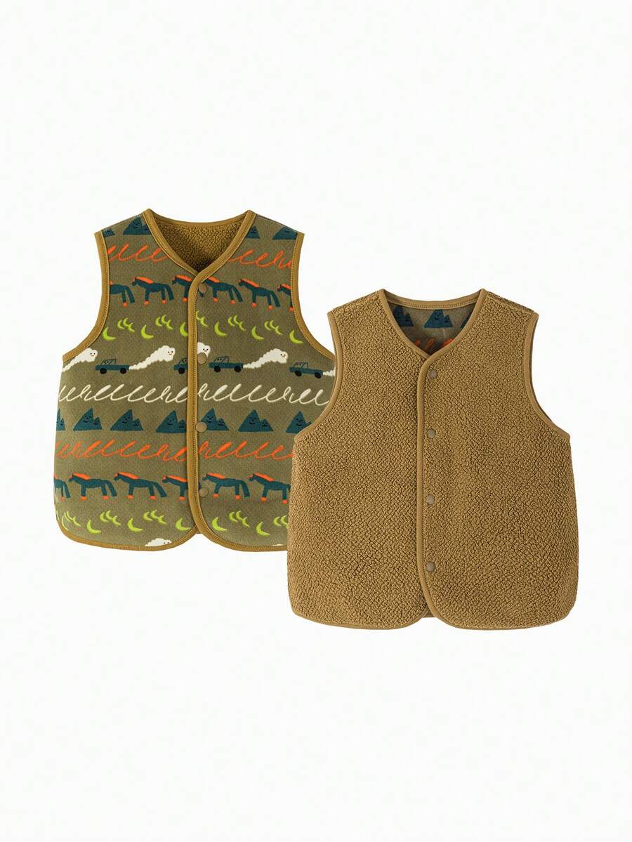 mini bala 2-5Y Kids Reversible Fleece Jacket, Thick Soft Warm Comfortable Autumn Outerwear - Blue-brown Hue - View 1