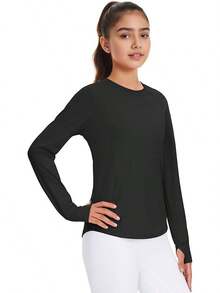 Girls Long Sleeve Shirts Athletic Shirt With Thumb Holes Kids Crew Neck Basic Tee Tops For Sports Gym Yoga - 黑色 - 查看 7