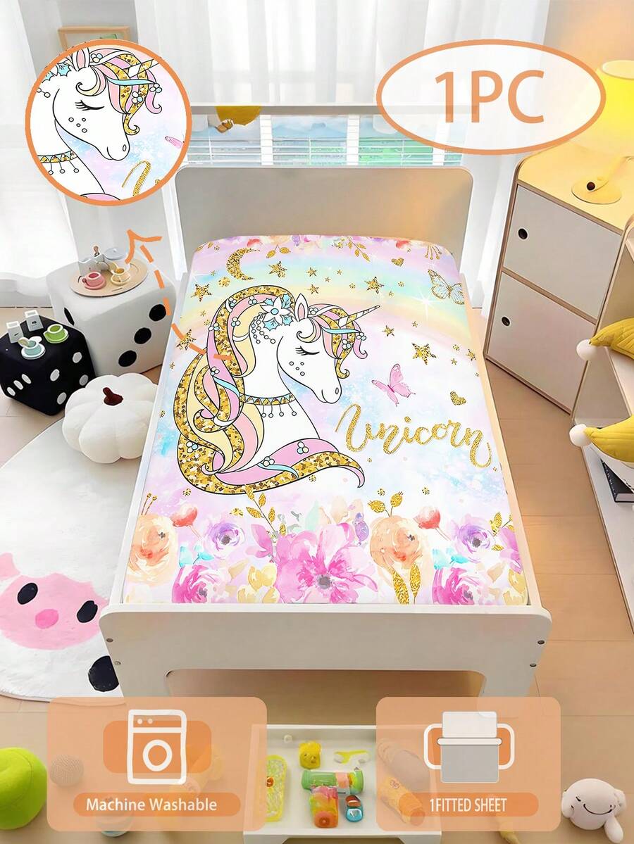 1 Peça Lençol com Tema de Unicórnio, 110g, Lençol Infantil, Lençol de Bebê com Recorte, Lençol Estampado em 3D com Fibra Ultra-Fina 100% Lavada em Água (1 Lençol, Sem Material de Enchimento), Adequado para Quarto de Crianças, Cama de Soneca em Creche, Berço de Bebê e Pré-Escola (Altura Lateral do Lençol 15cm)