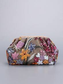 亮片刺绣花卉褶皱手拿包，女士休闲轻便假日钱包，时尚魅力晚宴包，适合度假、派对、通勤、圣诞礼物（图案位置随机），亮片 - 彩色 - 查看 9