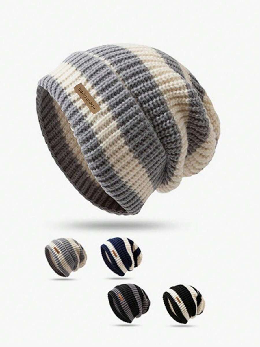 1pc Winter Striped Letter Loose Beanie Hat, Warm, Versatile, Knitted Cap, Windproof, Fashionable Unisex Fall Outfit