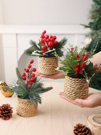 1/3pcs Christmas Decorations, Christmas Red Fruit Cedar Branch Medium Grass Mound, Three Styles Artificial Plants, Artificial Decorations, Christmas, Christmas Home Decorations, Autumn And Winter Decorations, Tabletop Decorations, Factory Customized, School Dormitory Office Decorations Room Decor