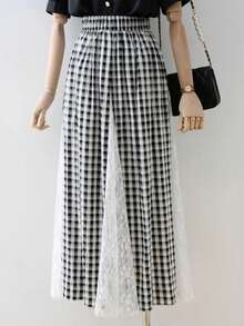 时尚蕾丝镂空拼接黑白格子A字褶裙 - 黑與白 - 查看 7