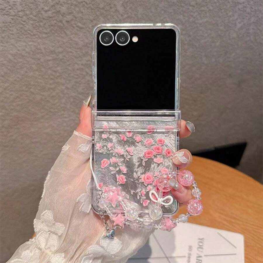Romantic Rose Flower Folding Phone Case With Chain, Suitable For Samsung Galaxy Z Flip3 5G/Galaxy Z Flip 4 5G/Galaxy Z Flip 5 5G/Galaxy Z Flip 6 5G/Galaxy Z Flip 7 5G Foldable Phones - Pink - View 1