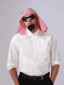 Set di 3 accessori per outfit da uomo in stile anni '80 mediorientale: sciarpa rossa, fascia per capelli in corda, maschera per gli occhi nera e baffi laser neri, adatto per Ognissanti, feste in costume, ruoli, uso quotidiano, festival, cosplay