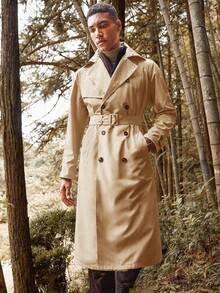 Men's Lightweight Double Breasted Trench Coat Belted Windbreaker Lapel Casual Overcoat - 卡其色 - 查看 2