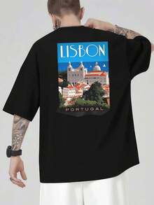 Lisbon Portugal Graphic T-Shirt, Men's T-Shirt With Double-Sided Print, Fashion, Casual, Round Neck, 220 G/M2, Pure Cotton (1 Piece) - 黑色 - 查看 3