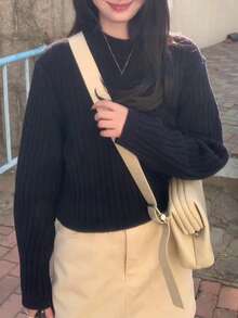 Women's Vertical Striped Slim Fit Textured Crew Neck Sweater, Autumn/Winter - Navy Blue - View 2