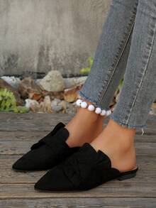 Zapatos de mula negros, mocasines sin talón de punta afilada para mujer, de tela, con decoración de lazo, versátiles y elegantes mulas planas para todas las estaciones - Negro - Ver 3