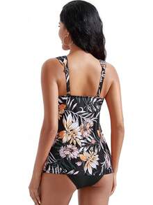 High Waisted Ruffle Tankini Swimsuit Plus Size Tummy Control - Yellow Floral - View 7