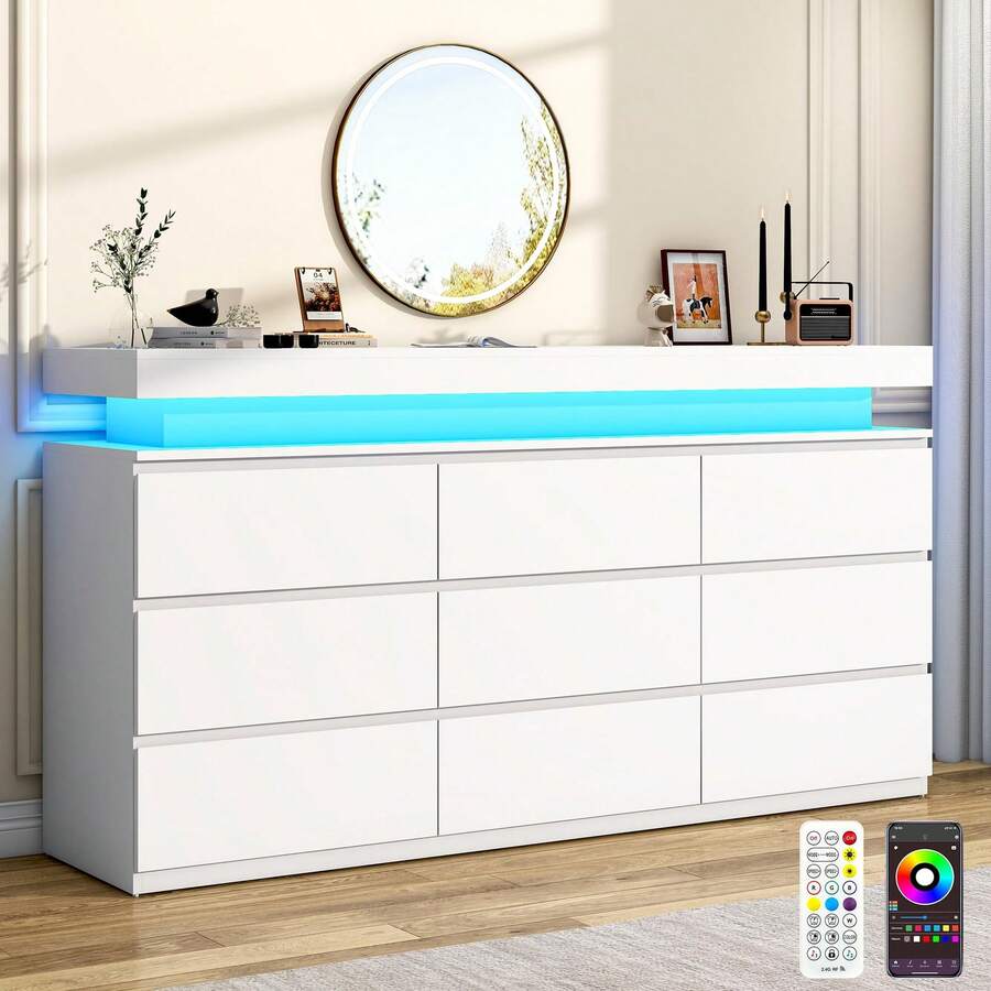 9 Drawer Dresser With USB Powered LED Light, Modern Chest Of Drawers For Closet, 63" Wide Drawer Organizer Cabinet For Bedroom, Living Room, Entryway, Hallway - 白色 - 查看 1