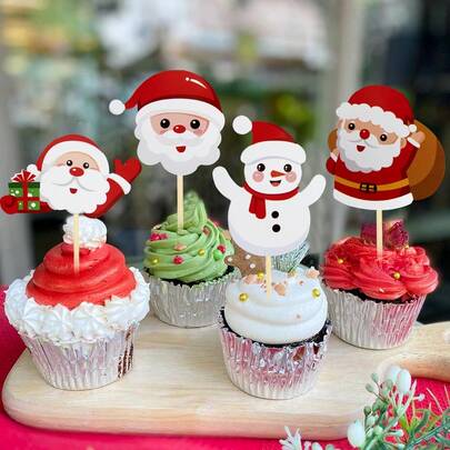 12pcs Christmas Cupcake Decorations, Santa Claus Cupcake Toppers, Winter Christmas Happy Theme New Year Holiday Birthday Party Cake Decorations