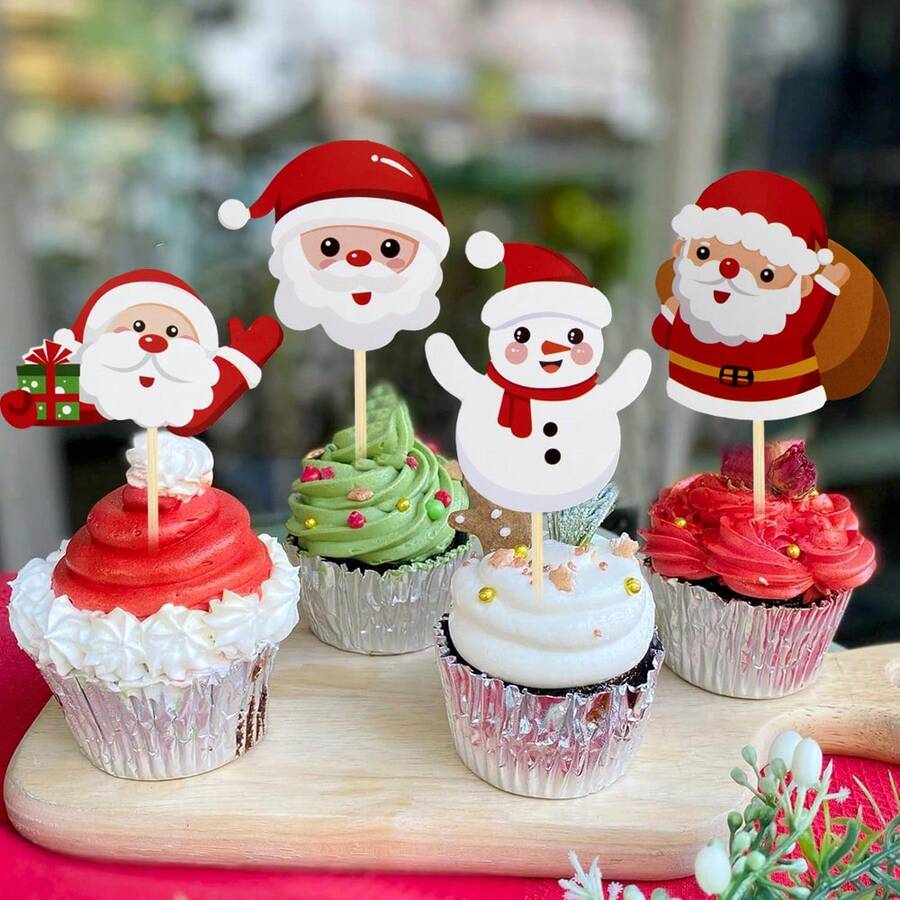 12 pezzi Decorazioni per cupcake natalizi, Decorazioni per cupcake a tema Babbo Natale, Decorazioni per torte a tema natalizio e di Capodanno per feste di compleanno e vacanze - Multicolore - Visualizzare 1