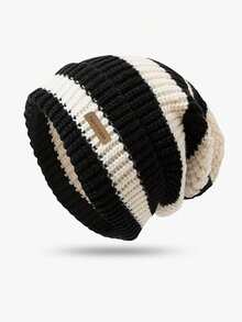 1pc Winter Striped Letter Loose Beanie Hat, Warm, Versatile, Knitted Cap, Windproof, Fashionable Unisex Fall Outfit