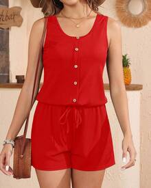 Women Romper Swimsuit - One Piece Bathing Suit With Shorts Modest Boyleg Swim With Pockets 2025 - Red - View 6
