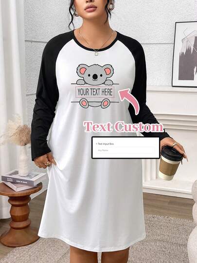 Camisón de mujer de talla grande con texto personalizado y estampado de koala lindo, de manga larga, suelto y cómodo, para otoño e invierno