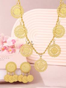 1set Vintage Gold Coin & Turkish Talisman Pendant Necklace With Matching Mini Coin Earrings, Jewelry Set For Women Wedding/Party - Jewelry Sets - View 13