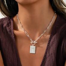 1 pieza Collar con colgante de cruz de oro y plata para mujer, collar con colgante de cruz rectangular con broche de palanca, collar con cadena de clip de papel delicado, regalo de joyería religiosa para la fe cristiana, , primera comunión, material de aleación de zinc - Etiqueta cruzada - Ver 2