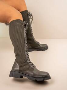 Knee High Lace Up Winter Boots with Chunky Outsole and Flexible Knit Upper - 綠色 - 查看 4